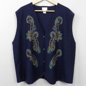 Vintage 90s Koret Felted Wool Vest Size XL Navy Blue Paisley‎ Embroidered Beaded